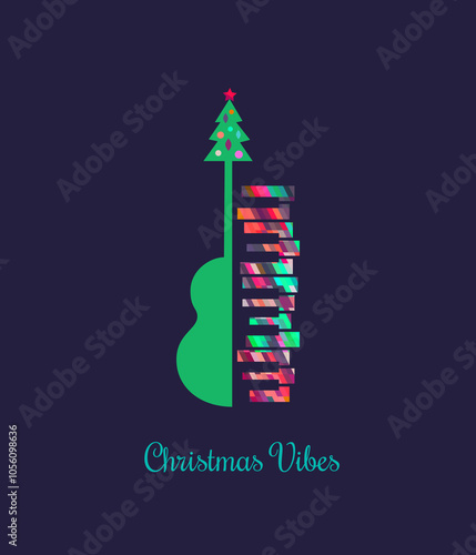 Christmas Vibes Holiday Music festive icon. Winter Season Holidays Live Music event. Piano, x-mas tree cartoon illustration. Christmas Tunes, Festive Night celebration, performance background