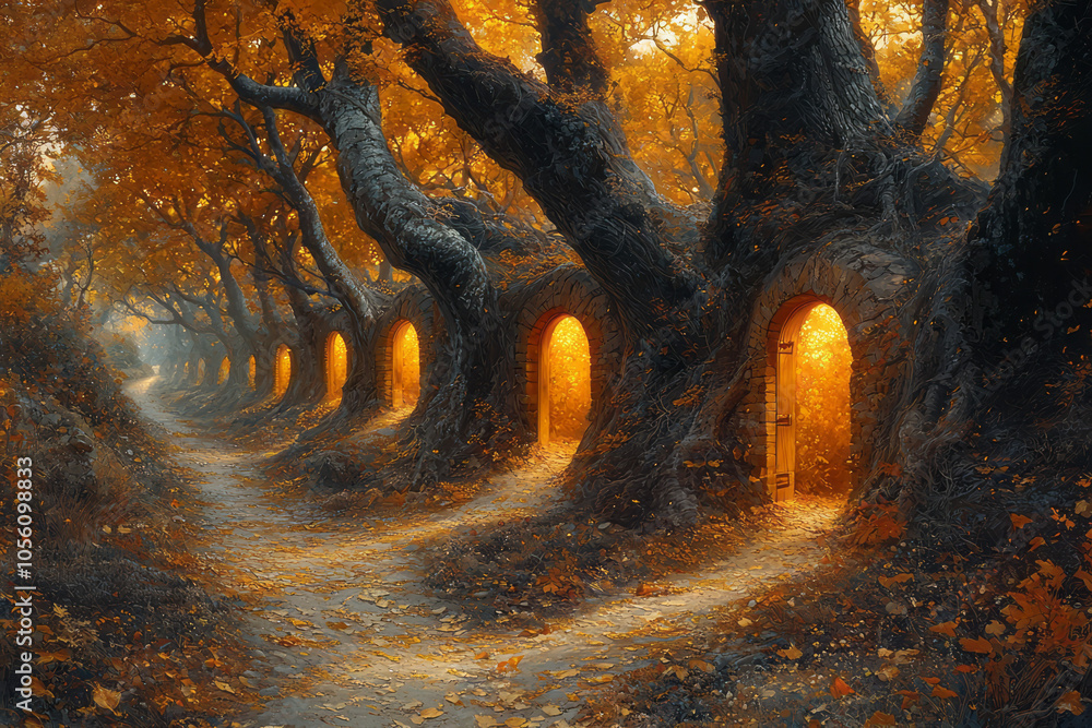 A golden autumn path lined with trees, where each tree trunk has a door leading to different dreamlike worlds, glowing faintly as if inviting the viewer on a surreal adventure, A golden autumn path lined with trees, where each tree trunk has a door leading to different dreamlike worlds, glowing faintly as if inviting the viewer on a surreal adventure,