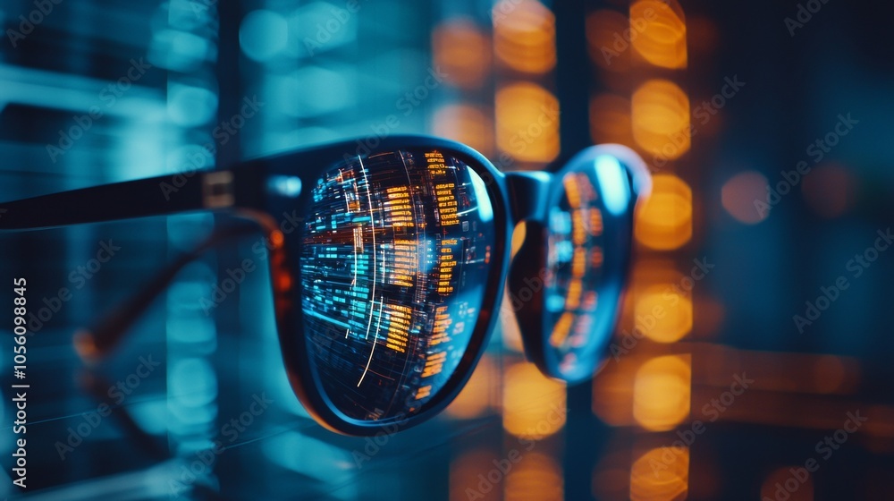 Glasses reflecting data in futuristic environment