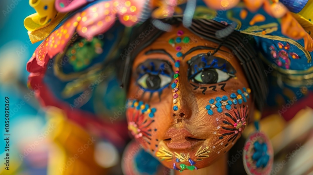 Close up of a traditional mexican catrina doll wearing a colorful sombrero, celebrating the day of the dead festival with vibrant colors and intricate details Close up of a traditional mexican catrina doll wearing a colorful sombrero, celebrating the day of the dead festival with vibrant colors and intricate details