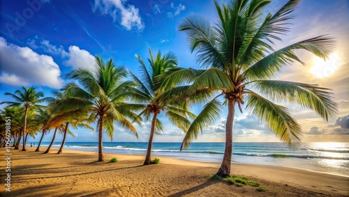 Warm sunny day at the beach with palm trees swaying gently in the breeze, palm tree, summer, warm weather