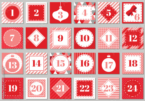 December advent calendar. Christmas poster countdown printable tags numbered poster with xmas ornament - Polkadot, Gingham, Triangles, Diagonal, Horizontal and Vertical Stripes.