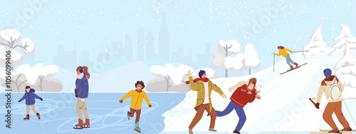People enjoy in cityscape park at snowy winter season with snowflakes. Skaters on frozen lake ice. People skiing, playing snowballs, winter vacation family Vector illustration Flat hand drawn