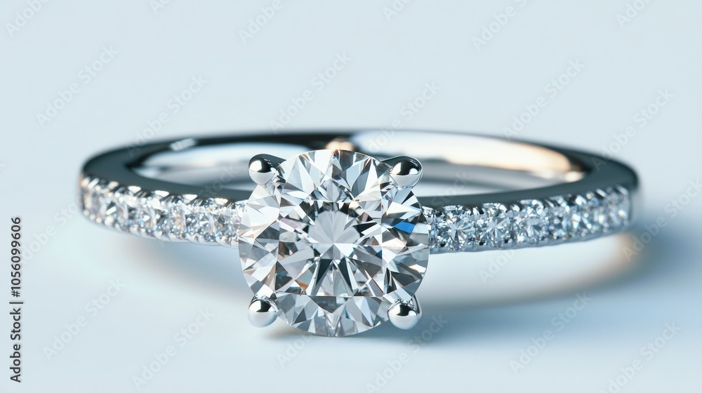 A close-up of a classic solitaire diamond engagement ring set in a platinum band. A close-up of a classic solitaire diamond engagement ring set in a platinum band.