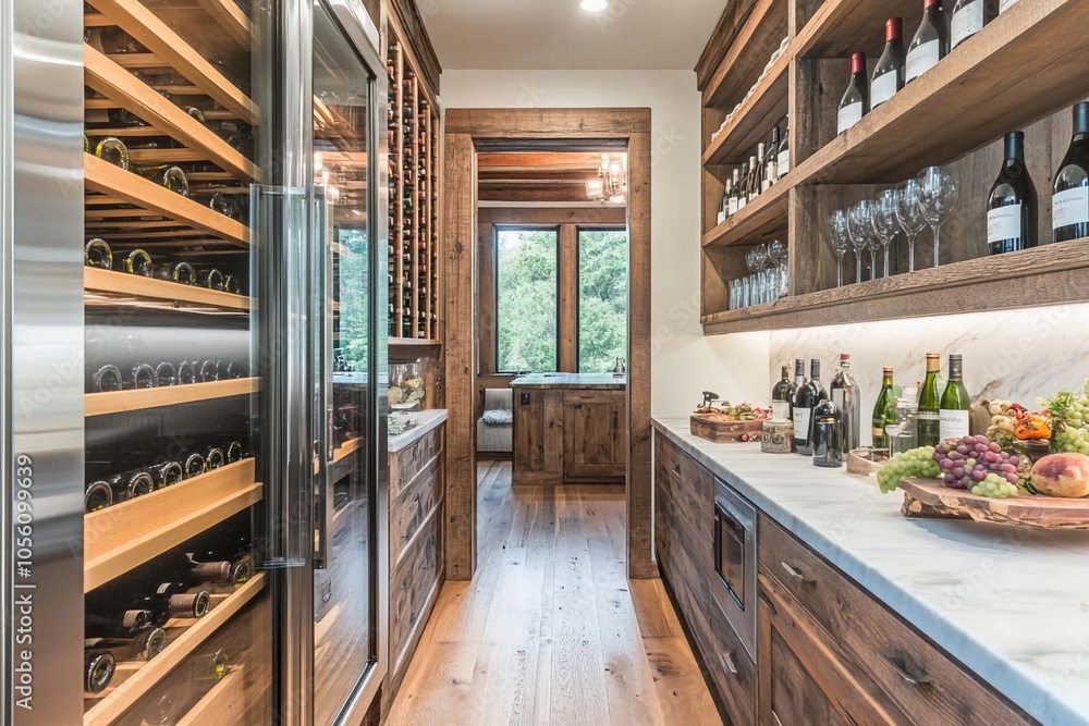 Elegant wine cellar showcasing an extensive collection with wooden shelves, a sleek fridge, and a cozy lounge area in the background. Generative AI Elegant wine cellar showcasing an extensive collection with wooden shelves, a sleek fridge, and a cozy lounge area in the background. Generative AI
