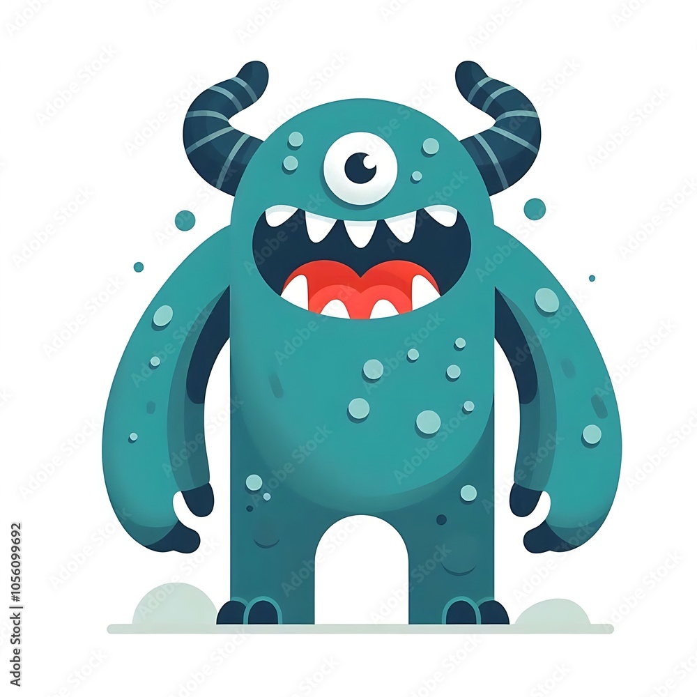 Fototapeta premium Flat, isolated illustration of a cute, friendly monster with small horns and a playful expression. Soft colors and rounded shapes, perfect for children themes and fun concepts.