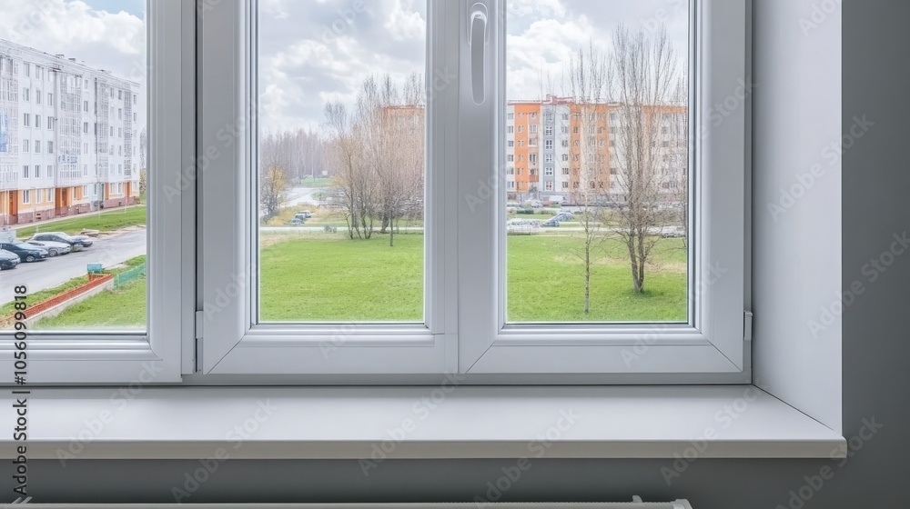 Fototapeta premium The open window reveals a serene green meadow under a clear blue sky. A bright and inviting atmosphere fills the space, highlighting the natural beauty outside