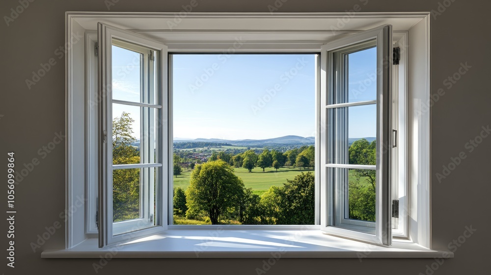 Fototapeta premium The open window reveals a serene green meadow under a clear blue sky. A bright and inviting atmosphere fills the space, highlighting the natural beauty outside