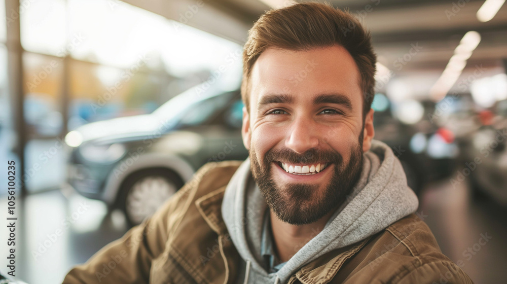 Smiling bearded man at car dealership in casual attire. Smiling bearded man at car dealership in casual attire.