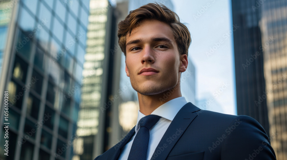 Confident Businessman Looking Forward in a Modern Cityscape Confident Businessman Looking Forward in a Modern Cityscape
