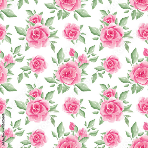 Pink roses, leaves. Garden plants. Watercolor roses. Seamless floral pattern. Roses, watercolor, texture. Home textiles. Tablecloth. Interior, wallpaper. Watercolor roses. Pink. Spring, summer. Flower