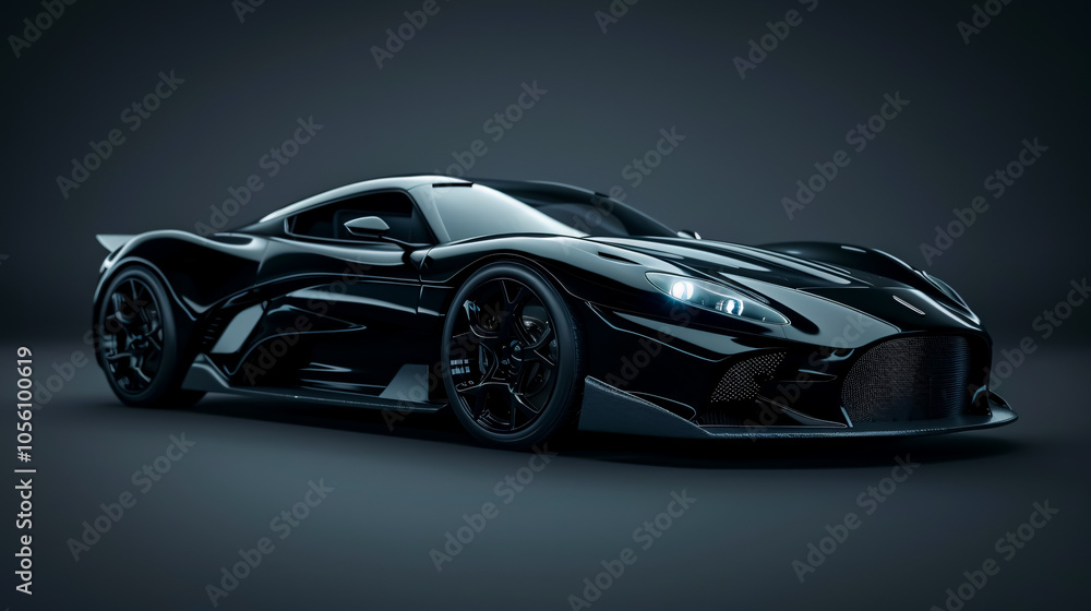 Black sports car on dark background: 3D render. Black sports car on dark background: 3D render.