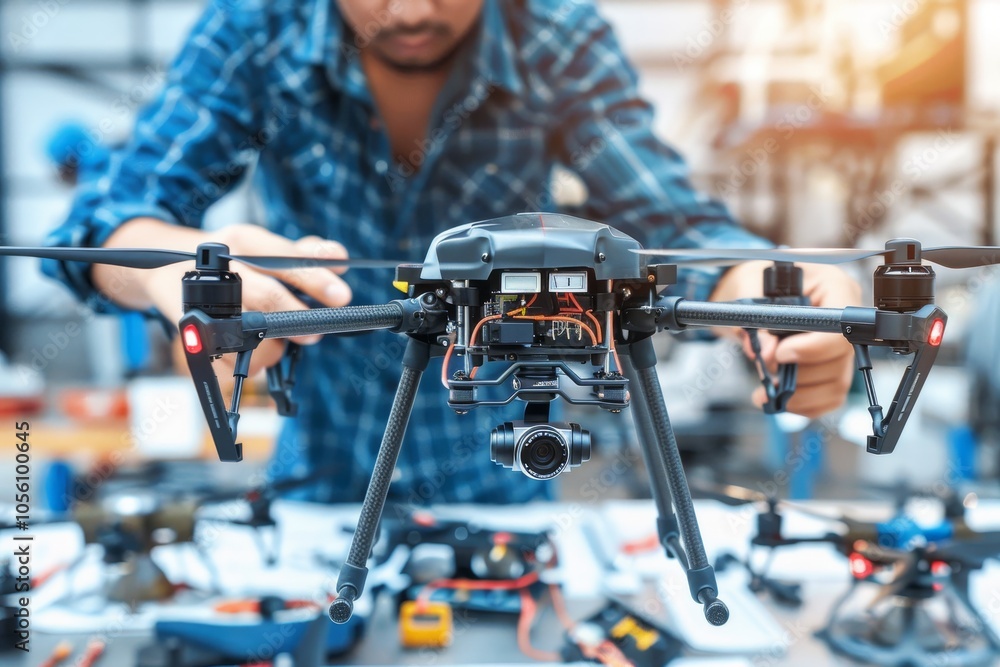 Skilled Technician Performing Maintenance on a Drone, Repairing Damaged Motor in a Workshop Setting. Skilled Technician Performing Maintenance on a Drone, Repairing Damaged Motor in a Workshop Setting.