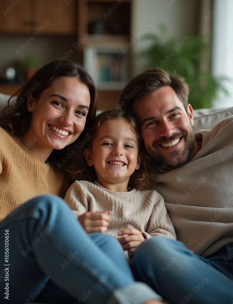Happy millennials cuddle on couch watching TV together with healthy smiling parents and their adoring little girl. Happy millennials cuddle on couch watching TV together with healthy smiling parents and their adoring little girl.