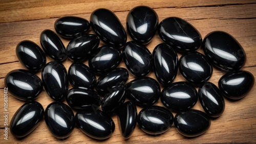 Shiny black apache tears displayed in a calming, natural setting. Their smooth texture and healing symbolism make them ideal for images showcasing holistic or spiritual themes. photo