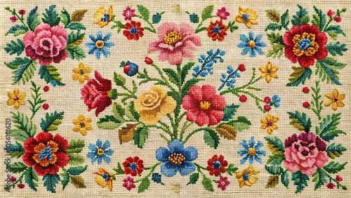 Vintage-inspired floral patterns created using traditional stitching techniques such as cross-stitch and needlepoint on a linen or cotton background, cotton fabric, linen textile, textile art