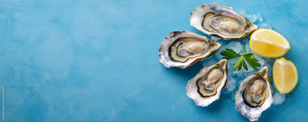 Four oysters on ice with lemon wedges and parsley on a blue background, creating a fresh and appetizing seafood presentation. Four oysters on ice with lemon wedges and parsley on a blue background, creating a fresh and appetizing seafood presentation.
