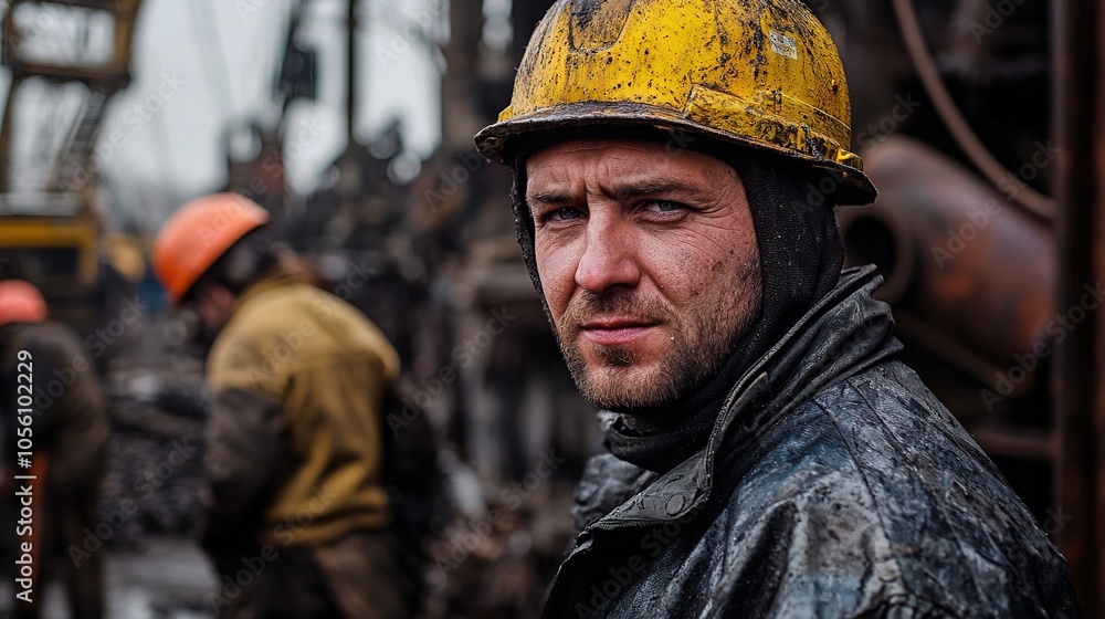 A gritty portrait of a weary worker in a yellow helmet, surrounded by a construction site, capturing the essence of labor and resilience. A gritty portrait of a weary worker in a yellow helmet, surrounded by a construction site, capturing the essence of labor and resilience.