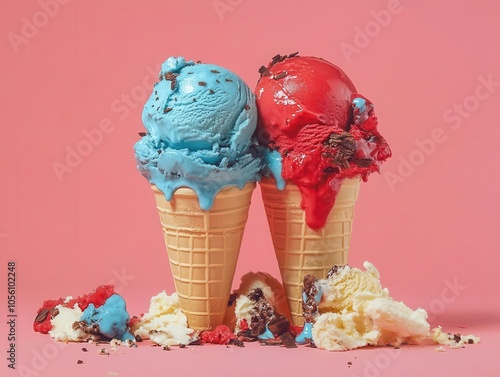 Bold red and blue ice cream cones on a muted pink background, pop art style composition