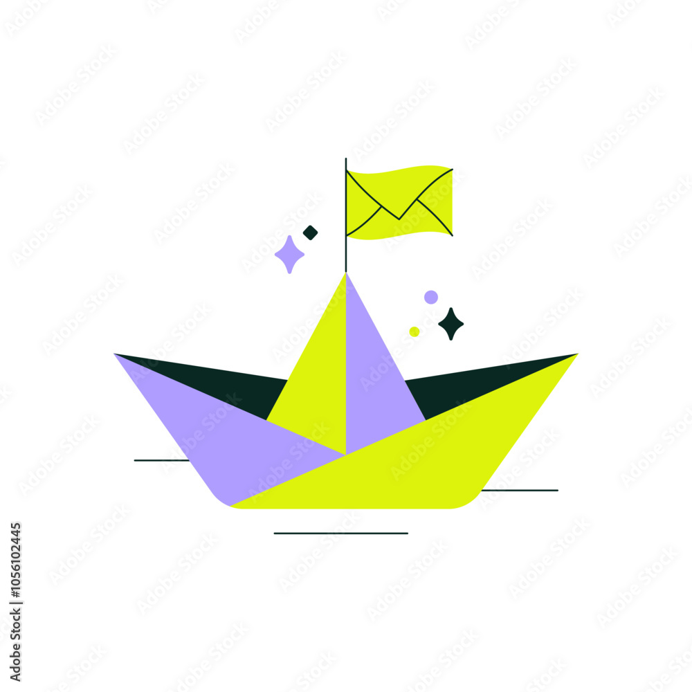 Paper Boat With Flag Symbolizing Messaging And Communication In Flat Vector Illustration, Isolated On White Background Paper Boat With Flag Symbolizing Messaging And Communication In Flat Vector Illustration, Isolated On White Background