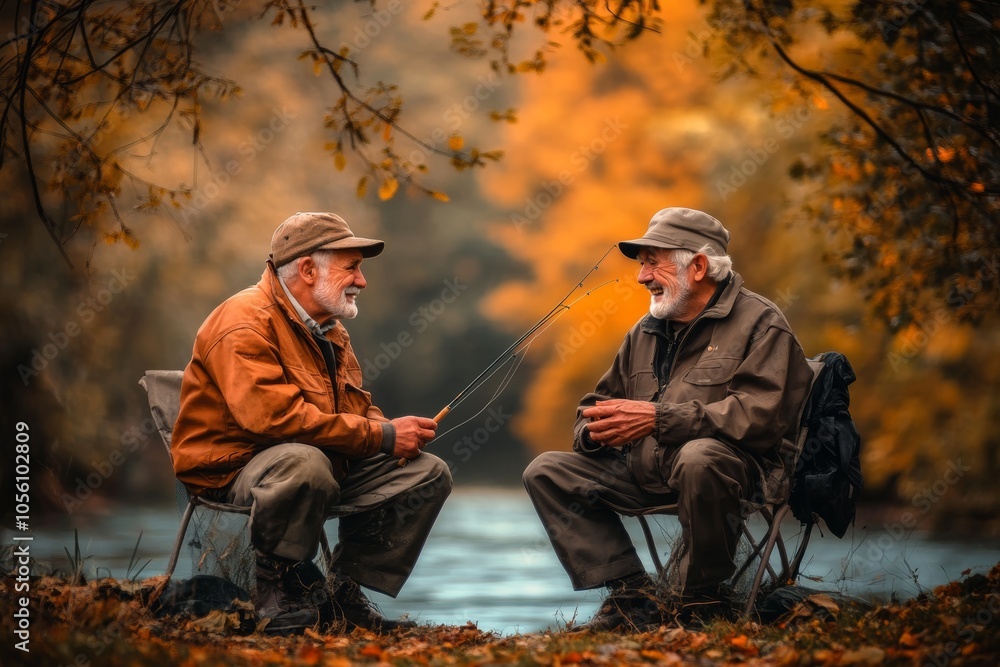 Naklejka premium two old men sitting with fishing rods on the riverbank and discussing the catch. One of them gestures towards the water, the other smiles, holding a fishing rod in his hands.