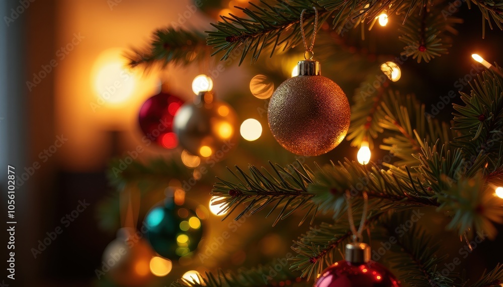 Golden hour light softly illuminating a Christmas tree glowing with sparkling ornaments creating a warm and cozy holiday atmosphere Golden hour light softly illuminating a Christmas tree glowing with sparkling ornaments creating a warm and cozy holiday atmosphere