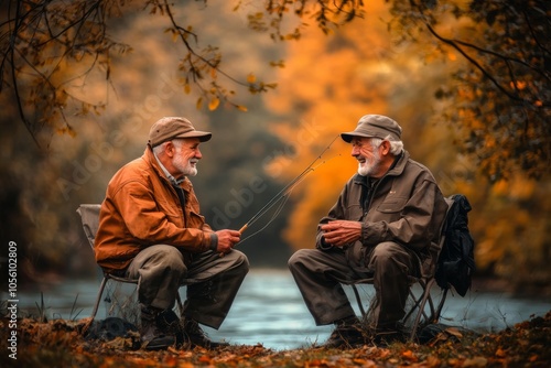 two old men sitting with fishing rods on the riverbank and discussing the catch. One of them gestures towards the water, the other smiles, holding a fishing rod in his hands. photo