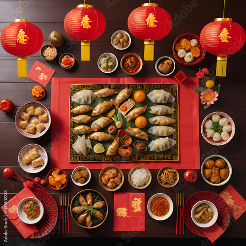 Explore the vibrant foods of Chinese Lunar New Year dumplings, whole fish, rice cakes, spring rolls. Celebrate with symbolic dishes, red lanterns, and lucky decorations for wealth, health, and joy. photo