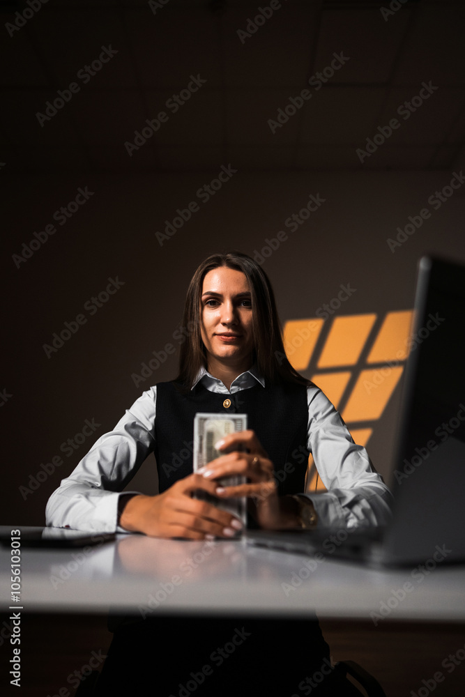 Woman holding a stack of dollars while working on a laptop. Accountant works with money. Concept of working in a bank. Credits and loans. Counting cash.Earnings online Woman holding a stack of dollars while working on a laptop. Accountant works with money. Concept of working in a bank. Credits and loans. Counting cash.Earnings online