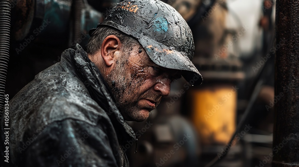 A rugged worker with a muddy face and cap, deeply focused amidst machinery, showcasing the grit and determination in challenging environments. A rugged worker with a muddy face and cap, deeply focused amidst machinery, showcasing the grit and determination in challenging environments.