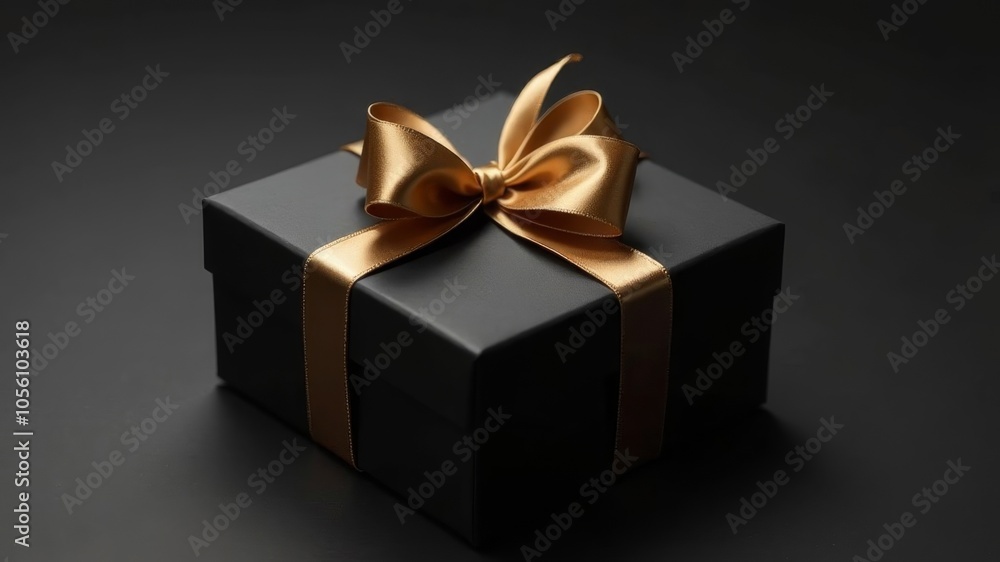 A black gift box with a gold ribbon sits on a black surface A black gift box with a gold ribbon sits on a black surface