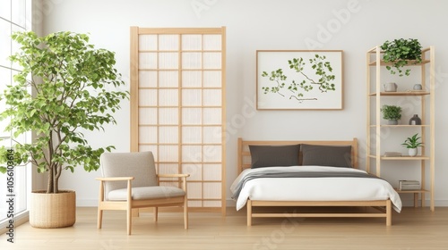 This modern Scandinavian living room showcases a light beige bed  a cozy armchair  a wooden screen  and lush house plants  creating a serene atmosphere