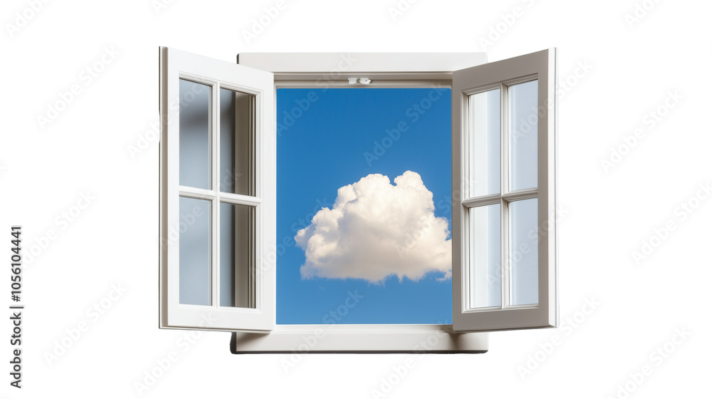 An open window with a view of a blue sky and fluffy cloud, isolated on a transparent background. Ideal for architecture and nature themes. An open window with a view of a blue sky and fluffy cloud, isolated on a transparent background. Ideal for architecture and nature themes.