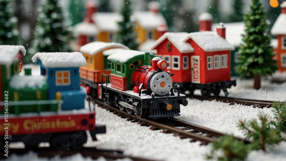 A Whimsical Christmas Village with a Cheerful Train Rolling Past Snow-Dusted Houses, Embracing the Spirit of the Holiday Season A Whimsical Christmas Village with a Cheerful Train Rolling Past Snow-Dusted Houses, Embracing the Spirit of the Holiday Season