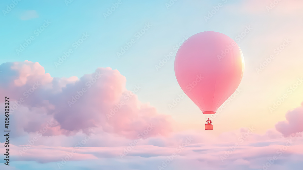 Fototapeta premium A pink hot air balloon floats serenely above fluffy clouds against a pastel sky, creating a tranquil and dreamlike atmosphere.