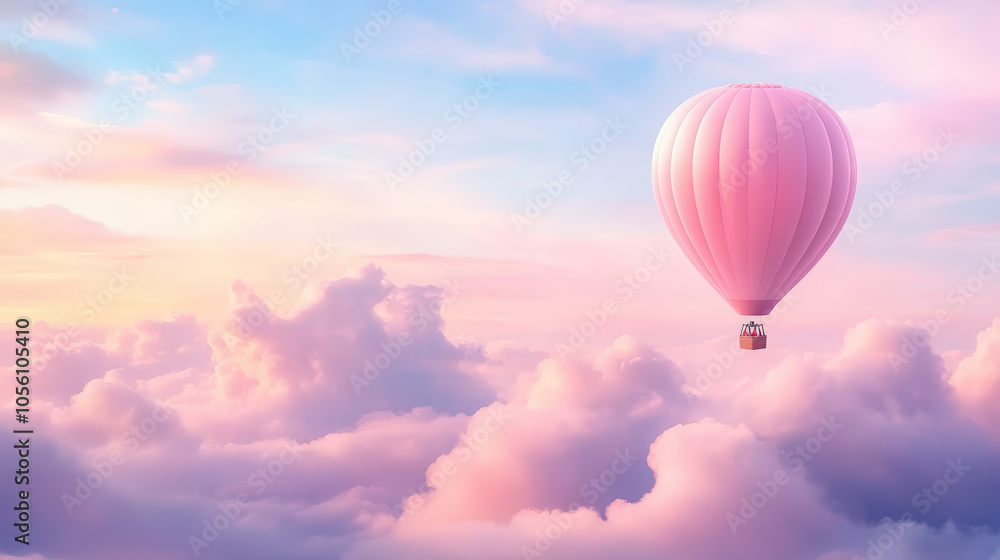 Obraz premium A pink hot air balloon floats serenely above fluffy clouds in a pastel-colored sky, creating a dreamy and tranquil scene.