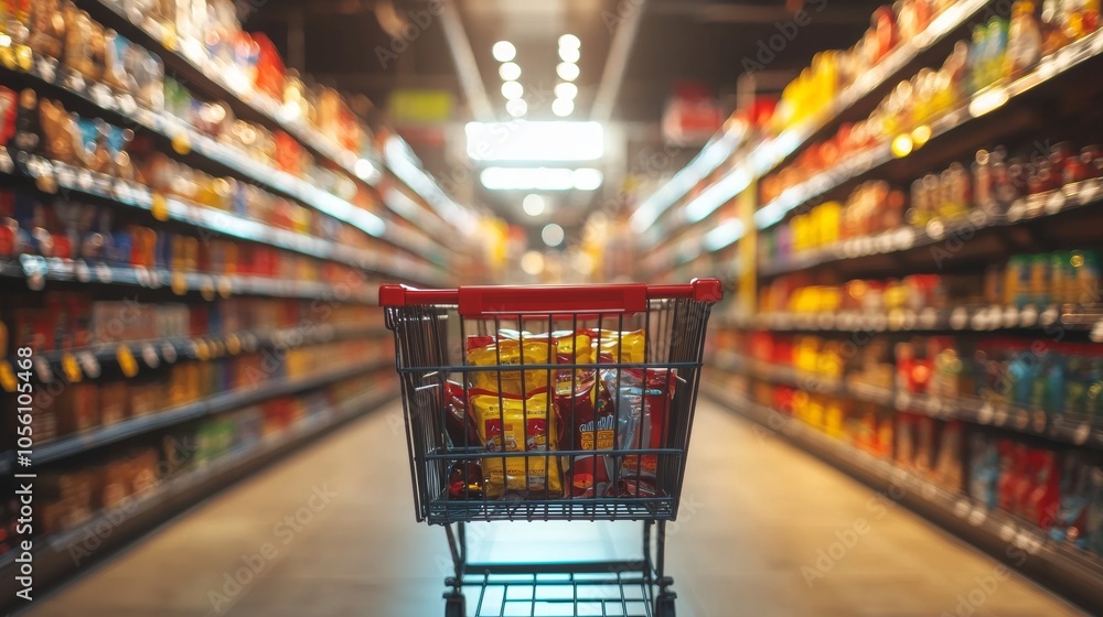 Navigating a Shopping Cart through a Grocery Store Aisle Filled with an Array of Colorful Product Displays Navigating a Shopping Cart through a Grocery Store Aisle Filled with an Array of Colorful Product Displays