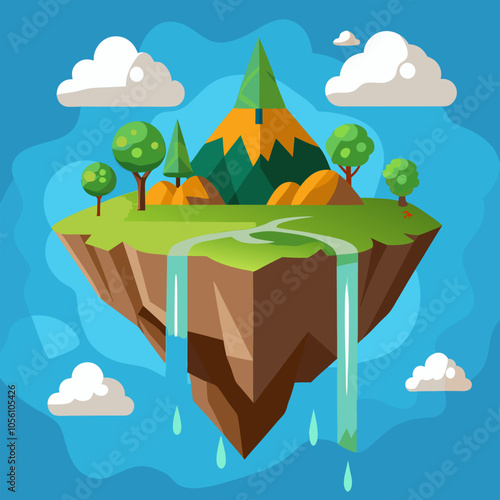 A whimsical illustration of a floating island with a lush green landscape, a majestic mountain, cascading waterfalls, and fluffy clouds.