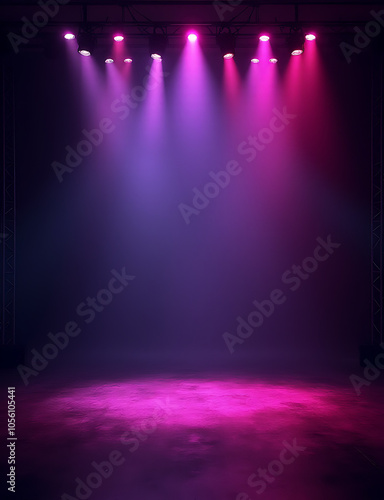 Glowing neon lights illuminate an empty stage with dark  modern abstract design featuring rays  lines  and city night light effects.