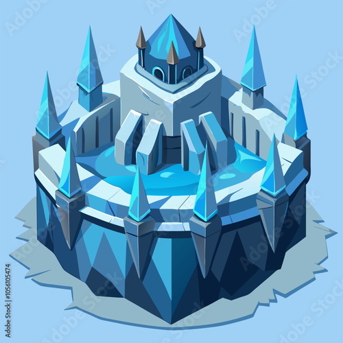 A detailed isometric illustration of a majestic ice castle, featuring a frozen lake and intricate stonework. Perfect for game assets, fantasy designs, or winter-themed projects.