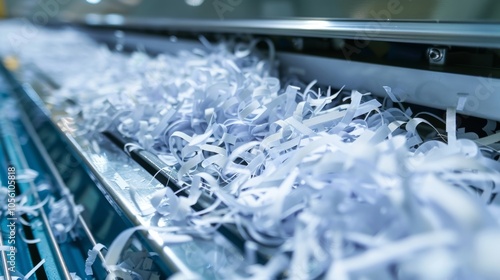 Shredded paper strips are piling up inside a large industrial shredding machine, ensuring confidential information destruction and secure waste management