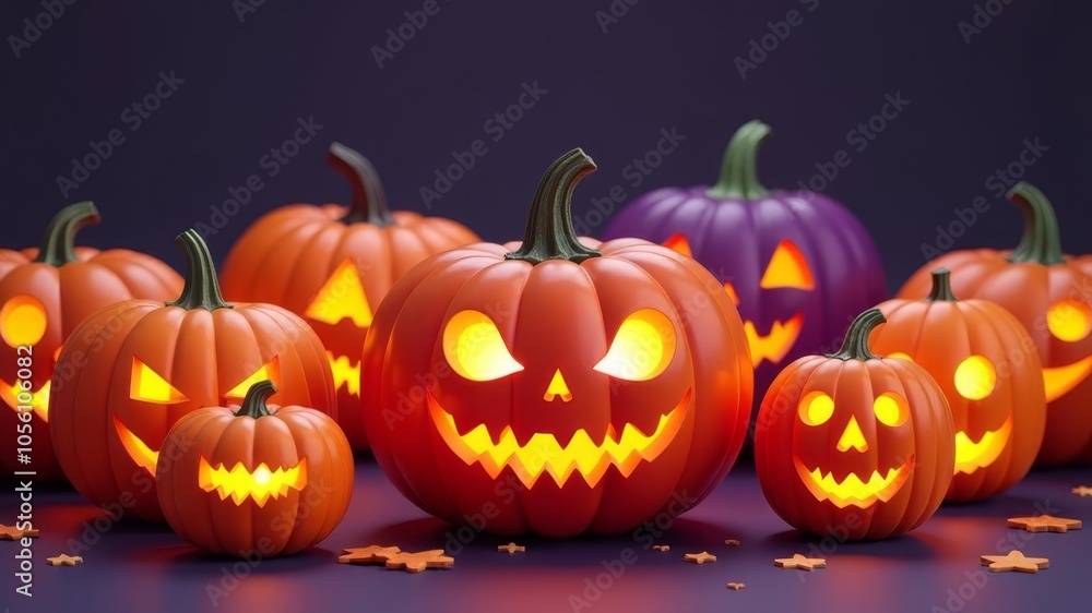 Collection of colorful and creepy halloween pumpkins with unique faces Collection of colorful and creepy halloween pumpkins with unique faces