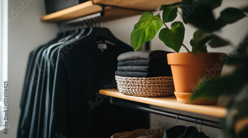 An organized walk-in closet with neatly folded clothes in stacks, woven baskets for storage, and a vibrant potted plant perched on a shelf, representing the perfect union of organi photo