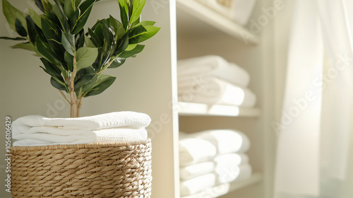 A bright, airy closet space where woven baskets hold folded linens, clothes are neatly stacked, and a small potted plant brings an organic feel to the structured arrangement, symbo