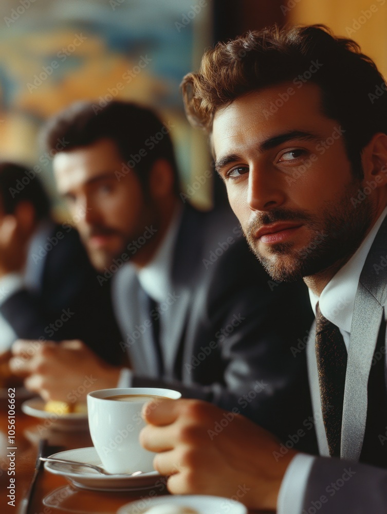 Elegant Men's Suits, Business Meeting in Cafe Elegant Men's Suits, Business Meeting in Cafe