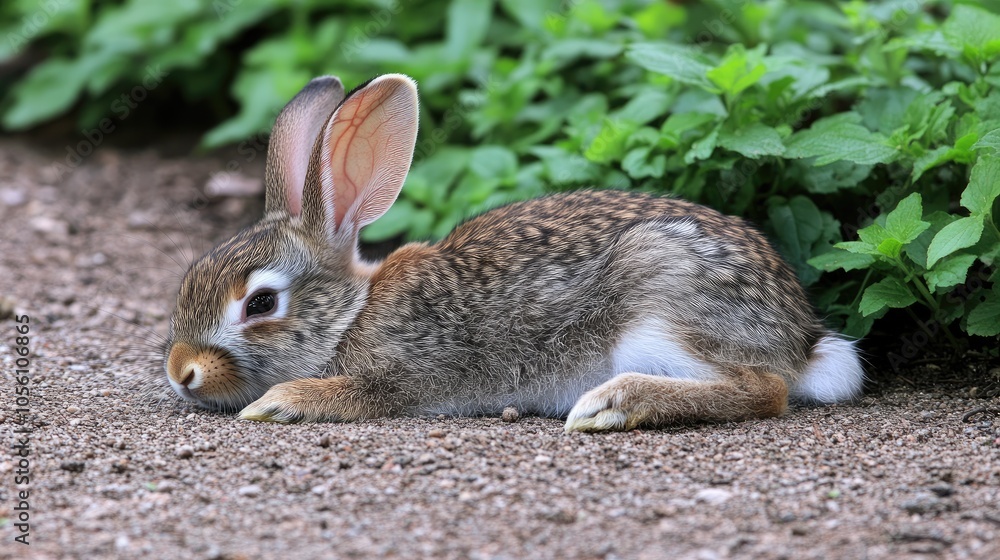 Fototapeta premium Cute rabbit resting on the ground in a garden setting