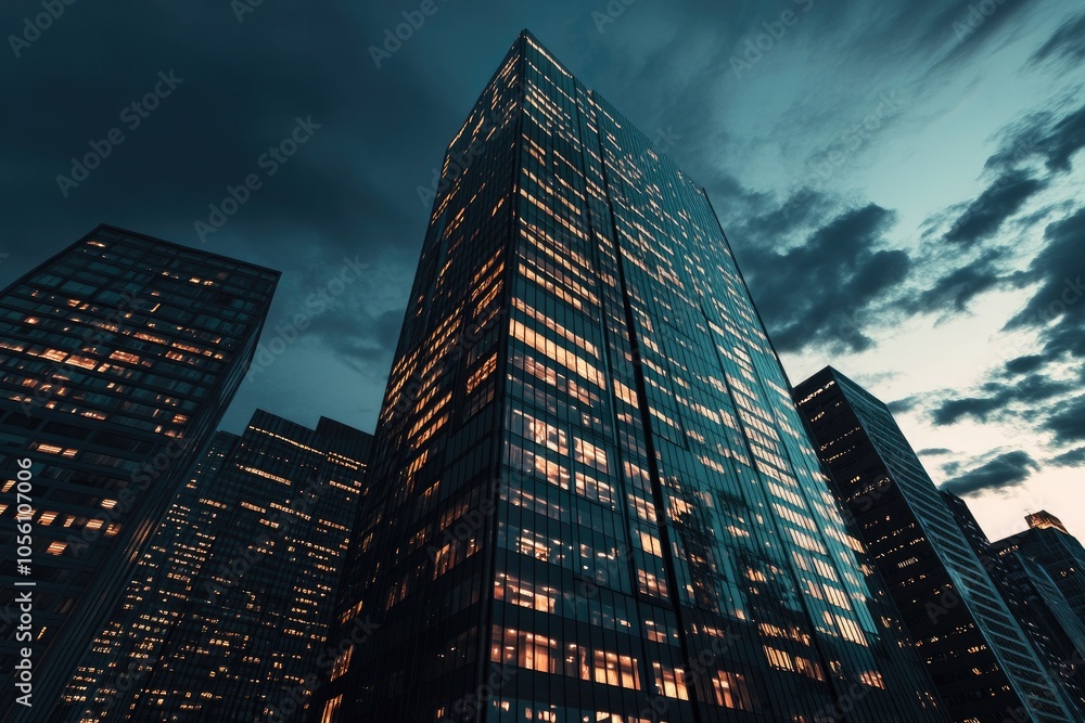 Dramatic shot of an urban skyscraper at twilight, the darkening sky contrasting with the illuminated building windows, casting an ambient glow over the city. Dramatic shot of an urban skyscraper at twilight, the darkening sky contrasting with the illuminated building windows, casting an ambient glow over the city.