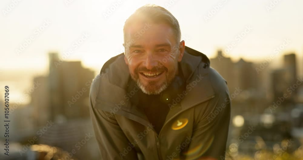 Mature man, face and headphones for pride in workout, exercise and fitness as athlete in city. Male person, happiness and portrait in training, wellness and hiking for strong muscle with lens flare Mature man, face and headphones for pride in workout, exercise and fitness as athlete in city. Male person, happiness and portrait in training, wellness and hiking for strong muscle with lens flare