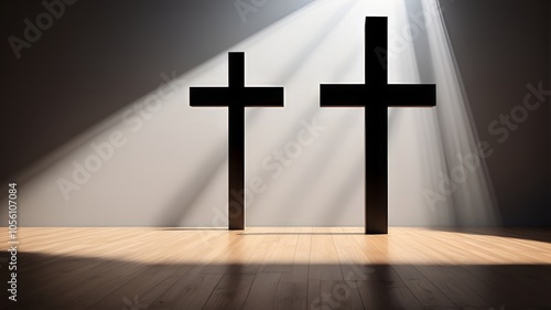 Two Black wooden cross in praying room, Christian church interior. with light coming out from window.