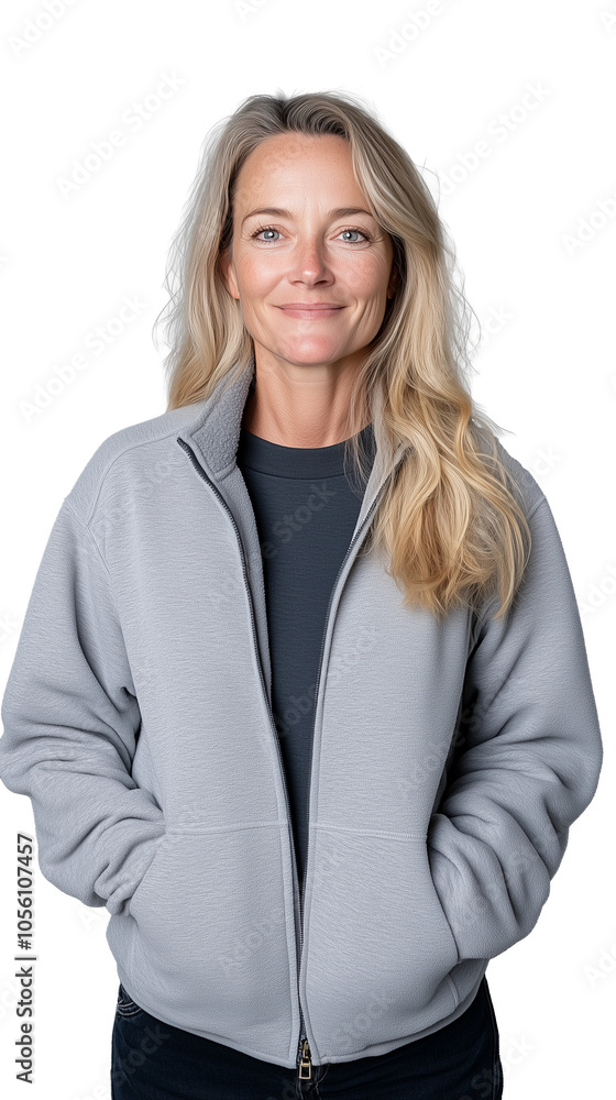 A confident middle-aged woman with blonde hair wearing a grey jacket, smiling, isolated on a transparent background. Perfect for casual and lifestyle projects. A confident middle-aged woman with blonde hair wearing a grey jacket, smiling, isolated on a transparent background. Perfect for casual and lifestyle projects.